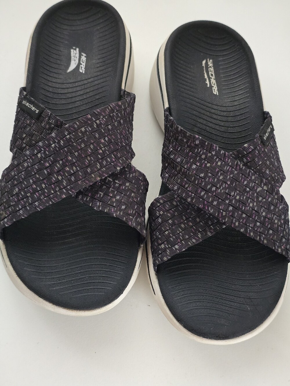 Skechers Women's Black and Purple Crossband Slide Sandals - Picture 4 of 16